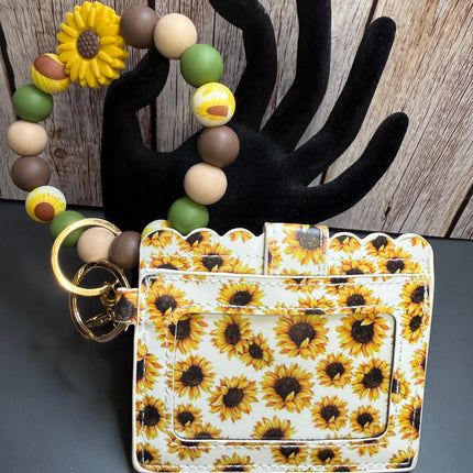 Farmhouse Sunflower Faux Leather Wallet & Silicone Beaded Wristlet | Sage Green & Brown Gift Set