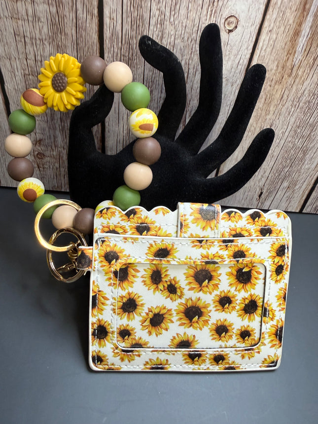 Farmhouse Sunflower Faux Leather Wallet & Silicone Beaded Wristlet | Sage Green & Brown Gift Set
