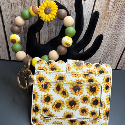 Farmhouse Sunflower Faux Leather Wallet & Silicone Beaded Wristlet | Sage Green & Brown Gift Set