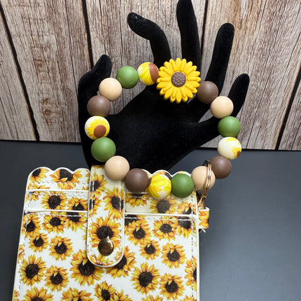 Farmhouse Sunflower Faux Leather Wallet & Silicone Beaded Wristlet | Sage Green & Brown Gift Set