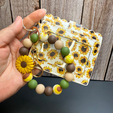 Farmhouse Sunflower Faux Leather Wallet & Silicone Beaded Wristlet | Sage Green & Brown Gift Set