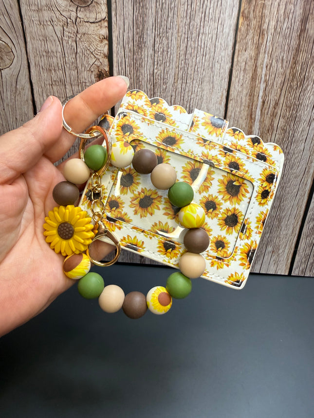 Farmhouse Sunflower Faux Leather Wallet & Silicone Beaded Wristlet | Sage Green & Brown Gift Set