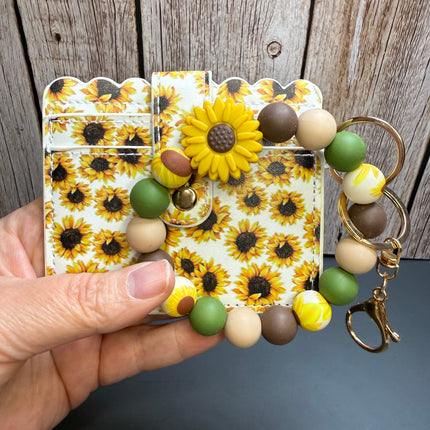 Farmhouse Sunflower Faux Leather Wallet & Silicone Beaded Wristlet | Sage Green & Brown Gift Set