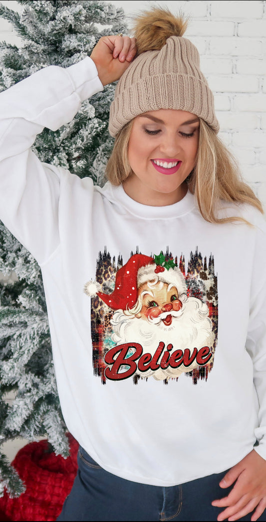 Santa Believe Crewneck – Festive Charm with Leopard Print Background