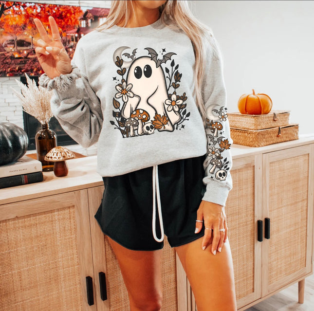 Gray Halloween sweatshirt with cottage core ghost, flowers, mushrooms, skull, bats and coordinating autumn sleeve design.