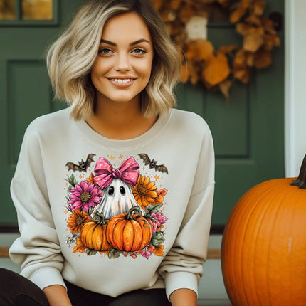 Floral Bow Ghost Halloween Sweatshirt – Pumpkin & Flower Crewneck