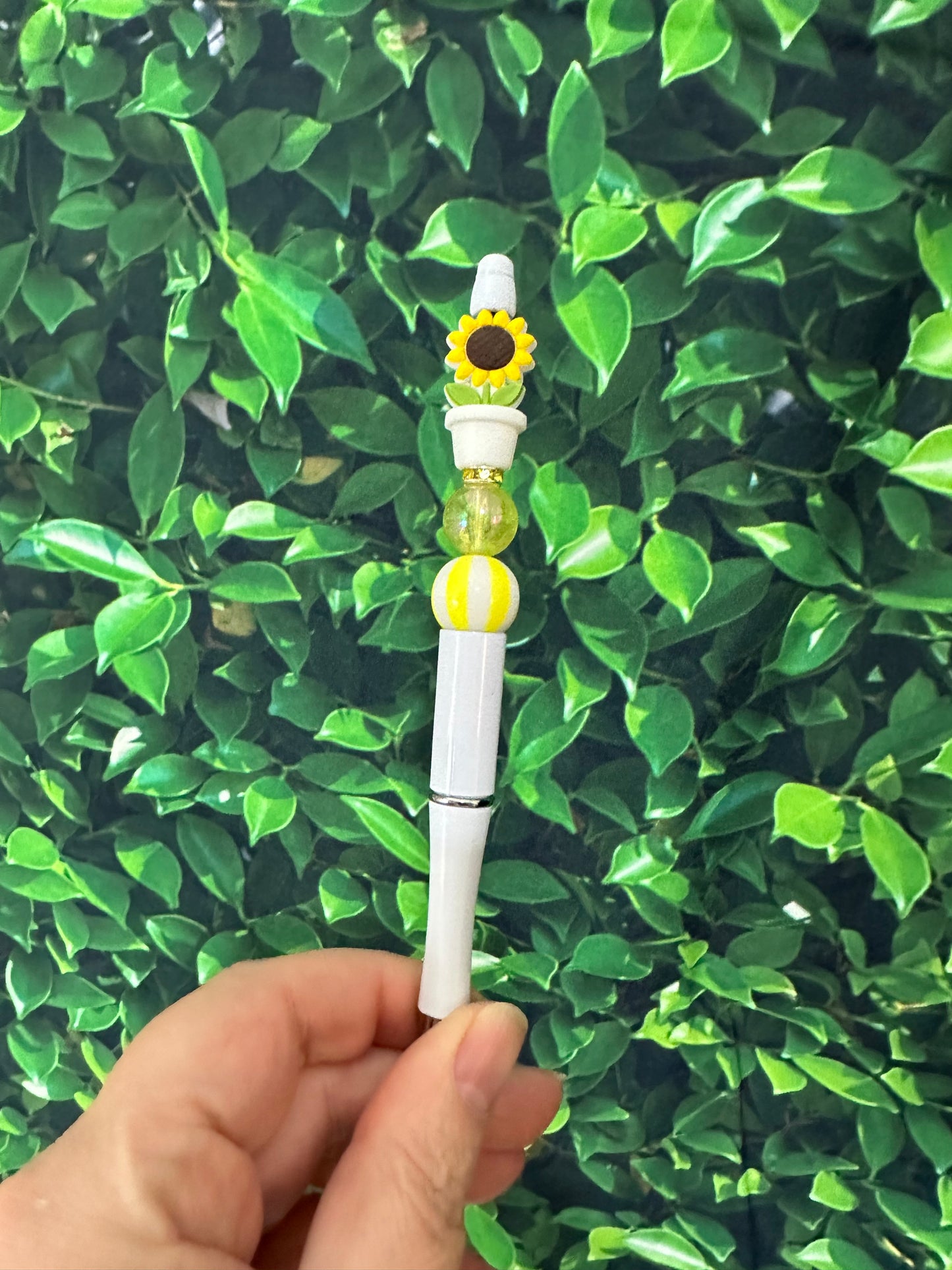 Custom Beaded Pens - Sunflower Pot Plant Design, Refillable Black Ink, Silicone & Acrylic Beads