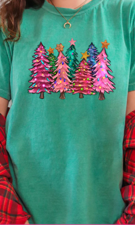 Vibrant Pink, Blue & Green Light Christmas Tree T-Shirt – Unisex Holiday Tee in Multiple Colors