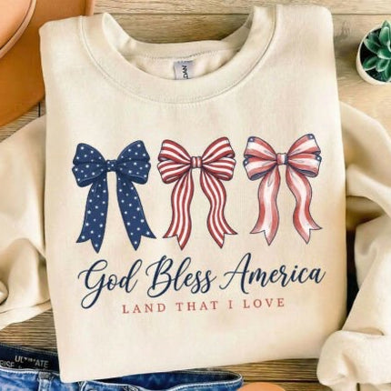 God Bless America Bow T-Shirt | Patriotic Coquette Tee | 4th of July Shirt | Red White Blue Bows Shirt | Soft Feminine Graphic Tee