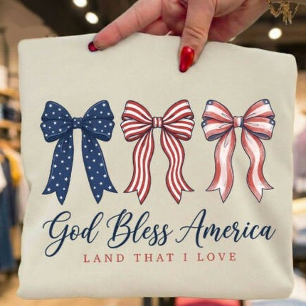 God Bless America Bow T-Shirt | Patriotic Coquette Tee | 4th of July Shirt | Red White Blue Bows Shirt | Soft Feminine Graphic Tee