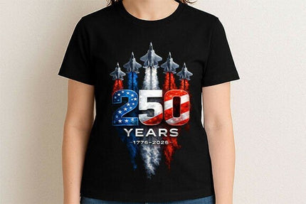 Black patriotic t-shirt featuring fighter jets and a red white and blue “250 Years 1776–2026” America anniversary design.