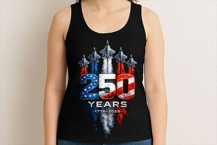 Black patriotic tank top featuring fighter jets and a red white and blue “250 Years 1776–2026” America anniversary design.