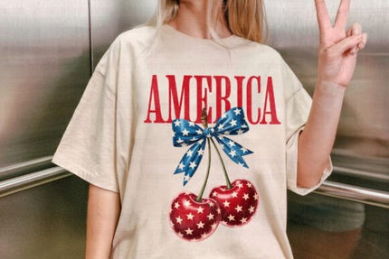 America Cherry T-Shirt | Patriotic Cherry Bow Tee | 4th of July Shirt | Coquette Americana Shirt | Cute Summer Graphic Tee