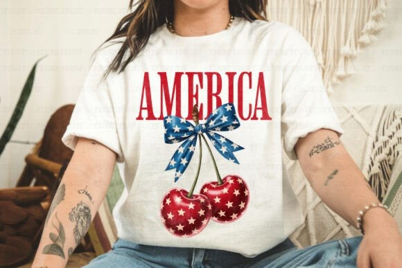 America Cherry T-Shirt | Patriotic Cherry Bow Tee | 4th of July Shirt | Coquette Americana Shirt | Cute Summer Graphic Tee