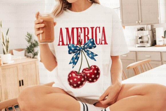 America Cherry T-Shirt | Patriotic Cherry Bow Tee | 4th of July Shirt | Coquette Americana Shirt | Cute Summer Graphic Tee