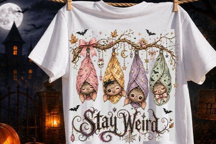 A white graphic t-shirt featuring four cute cartoon bats hanging in pink, yellow, purple, and green hammocks under a tree branch, with the text 'Stay Weird' below. The shirt is displayed against a spooky Halloween background with pumpkins, a haunted house, and a moon.