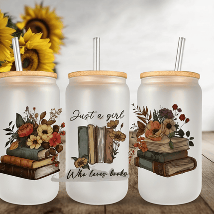 Just a Girl Who Loves Books – 16oz Frosted Libbey Can Glass with Bamboo Lid & Straw | Book Lover Glass Cup - Daisy Designs & Creations, LLC