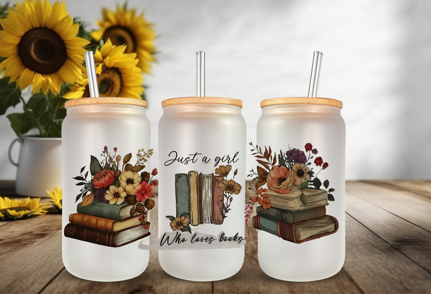 Just A Girl who loves Books- 16 oz Frosted Libbey Glass Libbey/Beer Glass Lids 15 Daisy Designs & Creations LLC