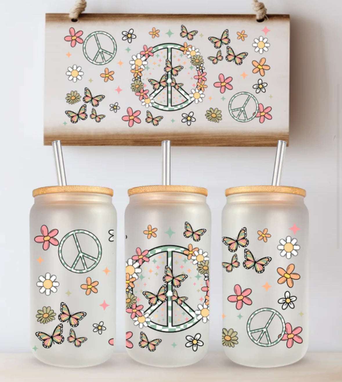 Peace & Butterflies 16 oz Can Glass | Retro Style Best Sellers Drinking Glass 16 Daisy Designs & Creations LLC