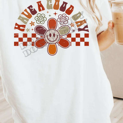 Retro Checkered “Have a Good Day” T-Shirt – Smiley Face Daisy Tee | Vibrant Positivity Shirt | Unisex Sizes S - 2XL - Daisy Designs & Creations, LLC