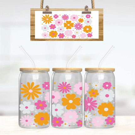 Retro Daisy 16oz Libbey Can Glass – Vintage Floral Glass Cup with Wrap Design | Dishwasher Safe - Daisy Designs & Creations, LLC