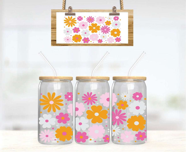 Retro Daisy 16oz Libbey Can Glass – Vintage Floral Glass Cup with Wrap Design | Dishwasher Safe - Daisy Designs & Creations, LLC