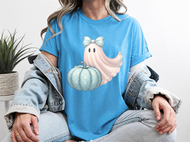 Pastel Ghost & Blue Pumpkin Halloween T-Shirt – Cute Bow Ghost Tee