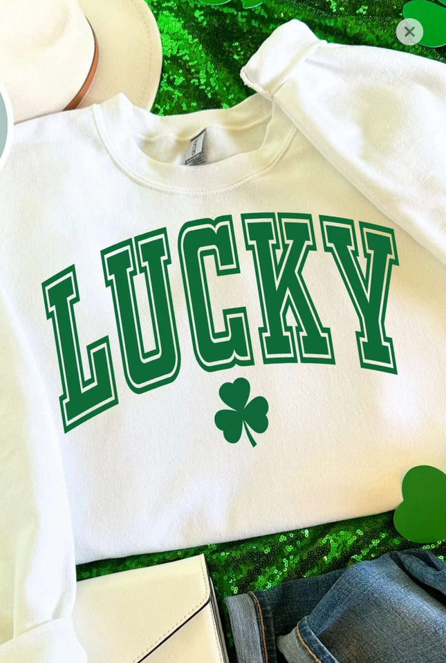 St. Patrick's Day Lucky Irish Crewneck & T-Shirt - Green 'LUCKY' with Four Leaf Clover Design Cozy Elegance: Explore Our Crewneck and Hoodie Collection for Effortless Style Crewneck 27 Daisy Designs & Creations LLC