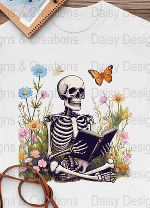 Skeleton Reading T-Shirts, Floral T-Shirts Design, Butterfly T-Shirts, Funny T-Shirts, PNG Download, Digital File For Shirts, DIY Apparel - Daisy Designs & Creations, LLC