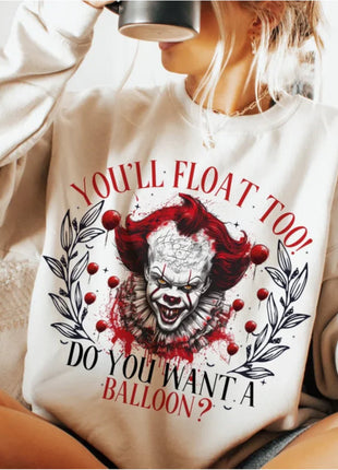 You’ll Float Too! Horror Clown T-Shirt & Crewneck | Red Balloon Halloween Shirt | Creepy Horror Movie Design - Daisy Designs & Creations, LLC