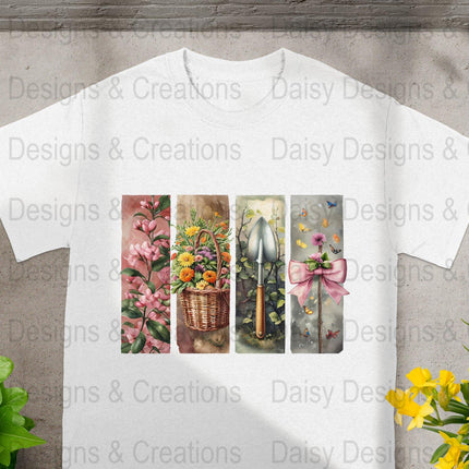 Floral Garden T-Shirts Design, Flower Basket T Shirt, Shovel Art T-Shirt, Butterfly Bow Tee, Gardening Apparel, PNG Digital Download - Daisy Designs & Creations, LLC