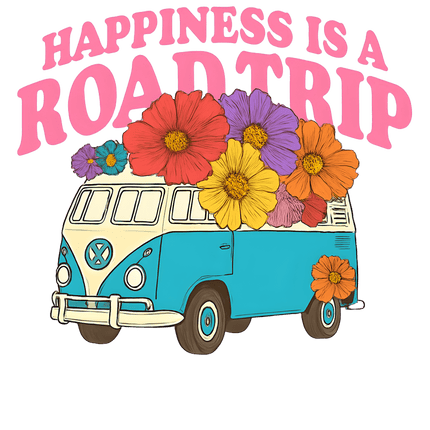 Road Trip T-Shirts, Happiness is a Road Trip Design, VW Bus, Floral Van, Colorful T-Shirts, Summer Trip, Vacation Mode - Daisy Designs & Creations, LLC