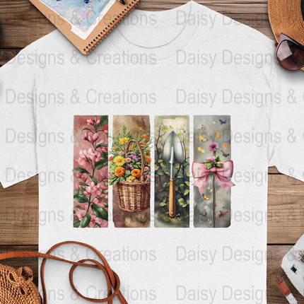 Floral Garden T-Shirts Design, Flower Basket T Shirt, Shovel Art T-Shirt, Butterfly Bow Tee, Gardening Apparel, PNG Digital Download - Daisy Designs & Creations, LLC