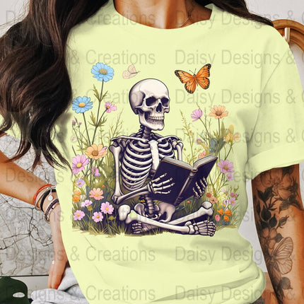 Skeleton Reading T-Shirts, Floral T-Shirts Design, Butterfly T-Shirts, Funny T-Shirts, PNG Download, Digital File For Shirts, DIY Apparel - Daisy Designs & Creations, LLC
