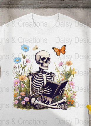 Skeleton Reading T-Shirts, Floral T-Shirts Design, Butterfly T-Shirts, Funny T-Shirts, PNG Download, Digital File For Shirts, DIY Apparel - Daisy Designs & Creations, LLC