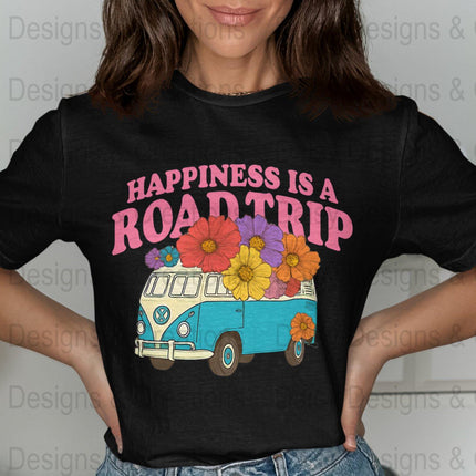 Road Trip T-Shirts, Happiness is a Road Trip Design, VW Bus, Floral Van, Colorful T-Shirts, Summer Trip, Vacation Mode - Daisy Designs & Creations, LLC
