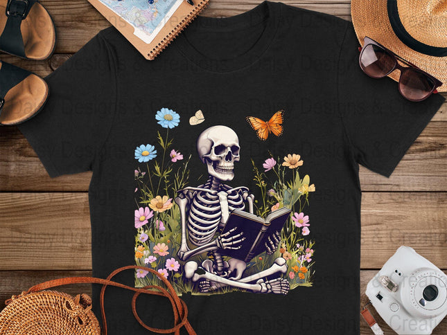 Skeleton Reading T-Shirts, Floral T-Shirts Design, Butterfly T-Shirts, Funny T-Shirts, PNG Download, Digital File For Shirts, DIY Apparel - Daisy Designs & Creations, LLC