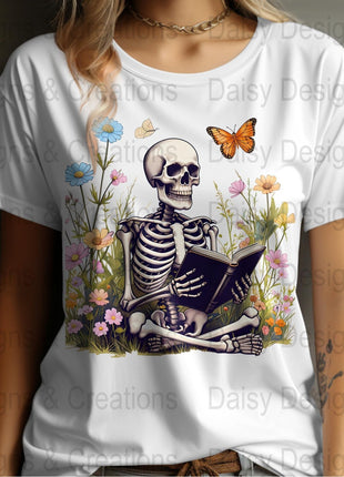 Skeleton Reading T-Shirts, Floral T-Shirts Design, Butterfly T-Shirts, Funny T-Shirts, PNG Download, Digital File For Shirts, DIY Apparel - Daisy Designs & Creations, LLC
