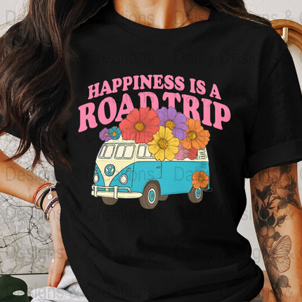 Road Trip T-Shirts, Happiness is a Road Trip Design, VW Bus, Floral Van, Colorful T-Shirts, Summer Trip, Vacation Mode - Daisy Designs & Creations, LLC