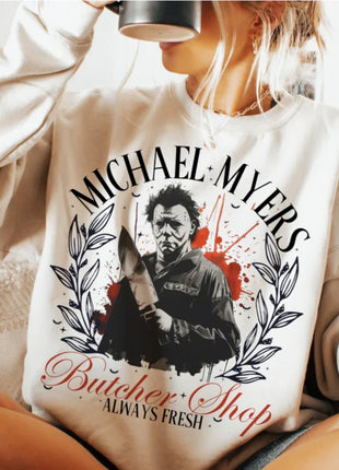 Michael Myers Butcher Shop "Eat Fresh" Halloween T-Shirt or Crewneck – Retro Horror Graphic Apparel Limited Edition - Daisy Designs & Creations, LLC