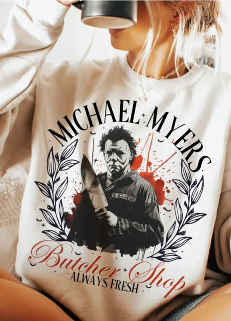 Michael Myers Butcher Shop "Eat Fresh" Halloween T-Shirt or Crewneck – Retro Horror Graphic Apparel Limited Edition - Daisy Designs & Creations, LLC