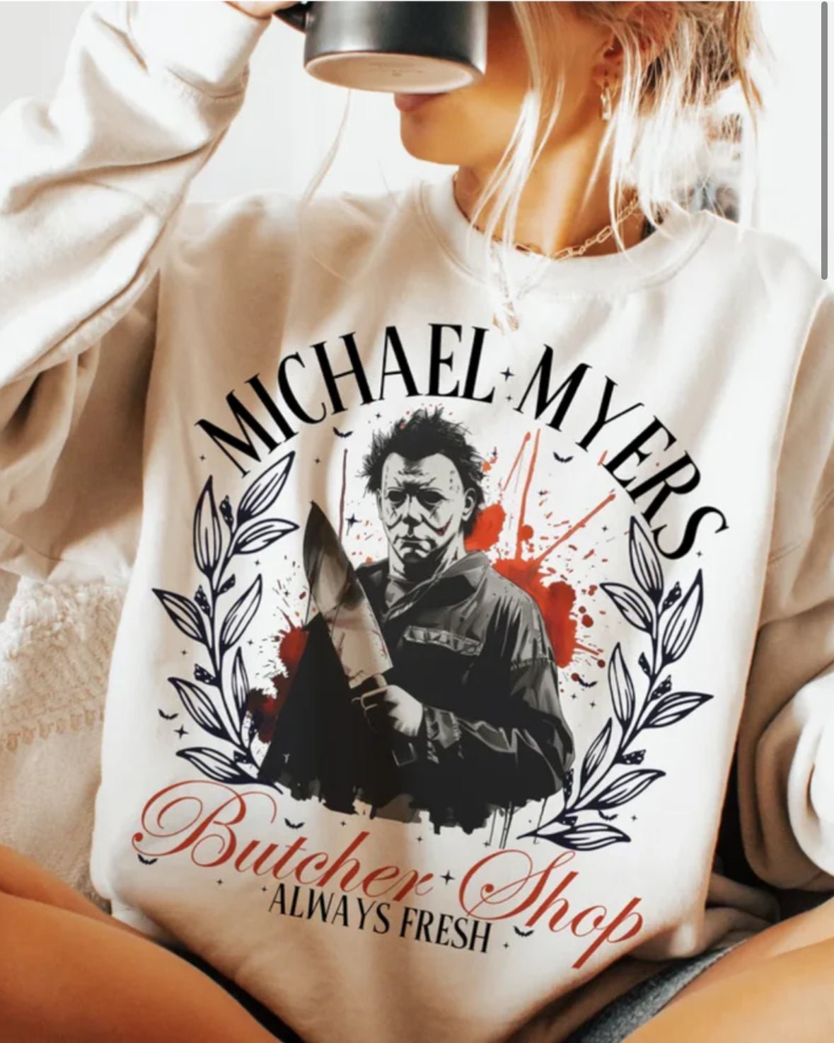 Michael Myers Butcher Shop "Eat Fresh" Halloween T-Shirt or Crewneck – Retro Horror Graphic Apparel Limited Edition - Daisy Designs & Creations, LLC