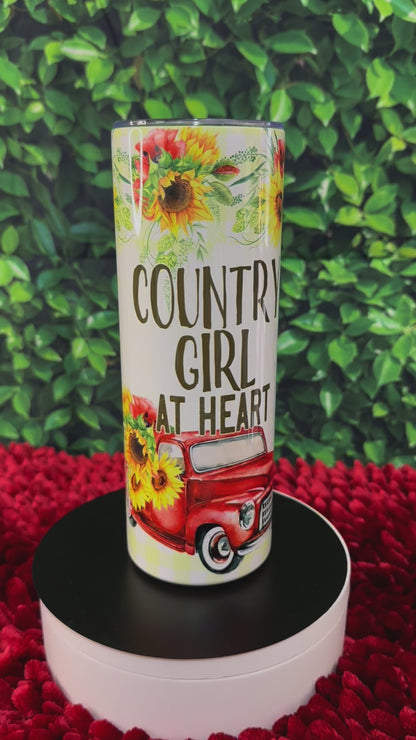 Country Girl at Heart 20 oz Stainless Steel Tumbler: Red Truck and Sunflowers Design